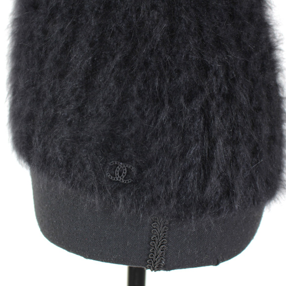 Chanel Angora Tank Cardigan Set CC Black Wool Ribbed Swater Knit 2 Pc Set Sz 40 - Picture 7 of 11